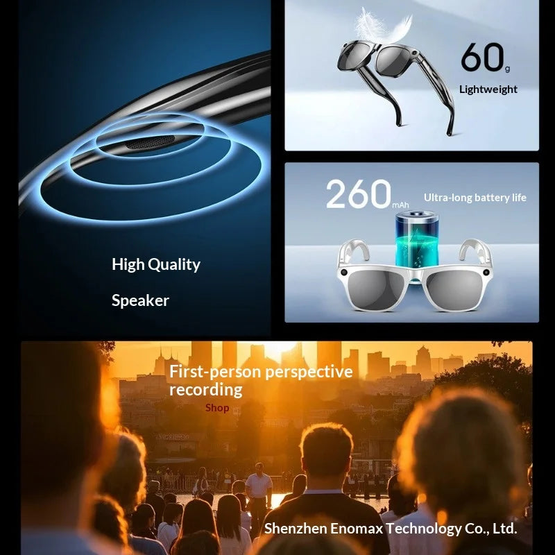 AI Smart Glasses with Camera - AI Recognition Translation Voice Recording, Bluetooth Music Call, 1080P Video, 260mAh Battery