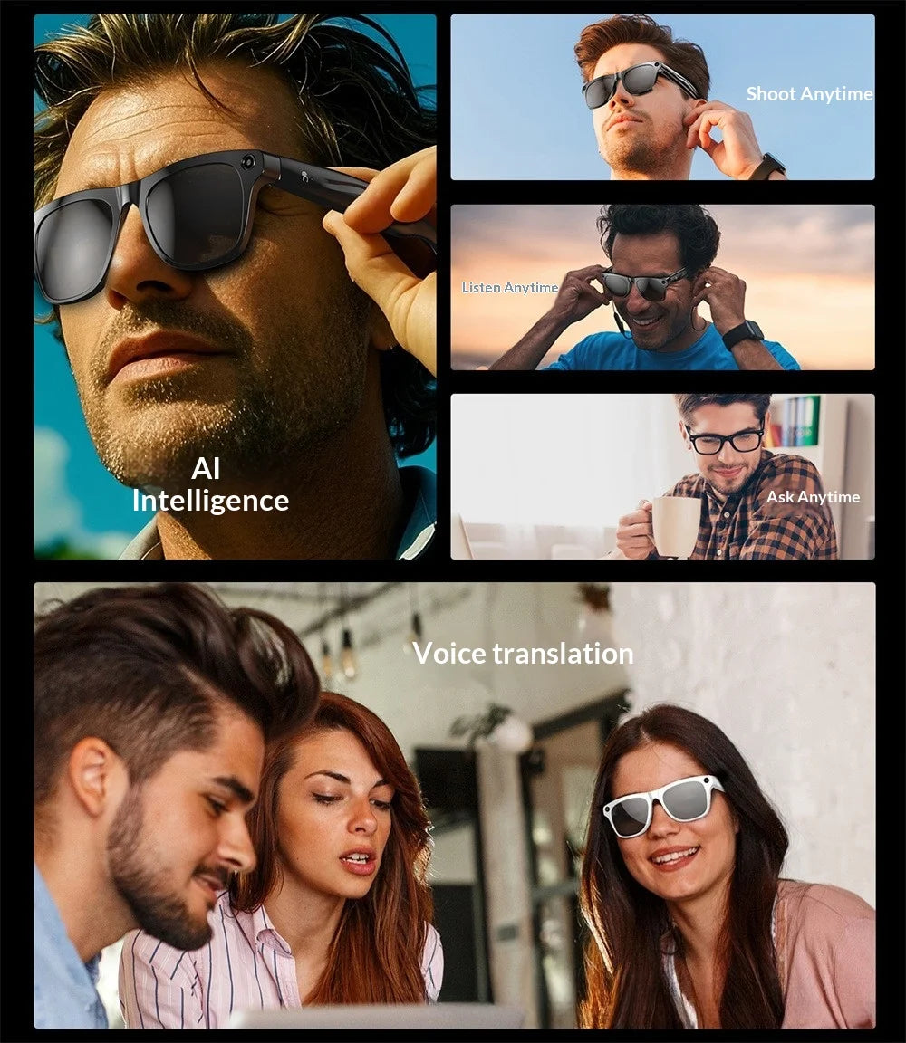 AI Smart Glasses with Camera - AI Recognition Translation Voice Recording, Bluetooth Music Call, 1080P Video, 260mAh Battery
