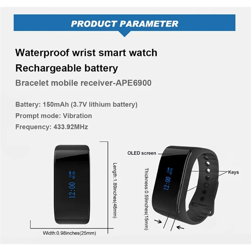 【A10R】For Service Calling APE6900 Wireless Calling System, Wearables Fashion Wrist Bracelet Watch Waterproof Rechargeable Receiv
