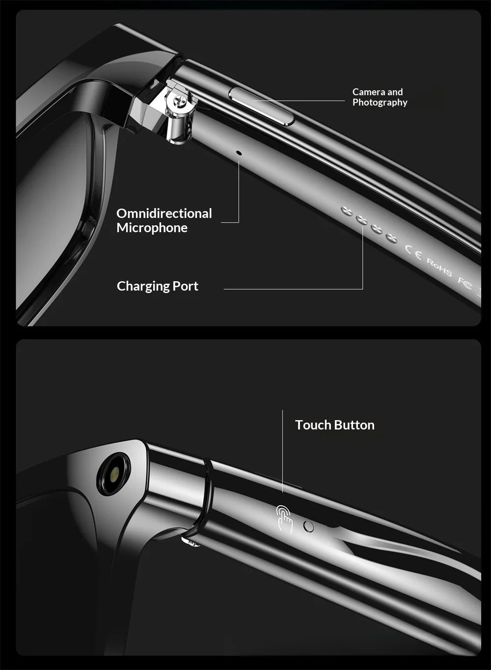 AI Smart Glasses with Camera - AI Recognition Translation Voice Recording, Bluetooth Music Call, 1080P Video, 260mAh Battery