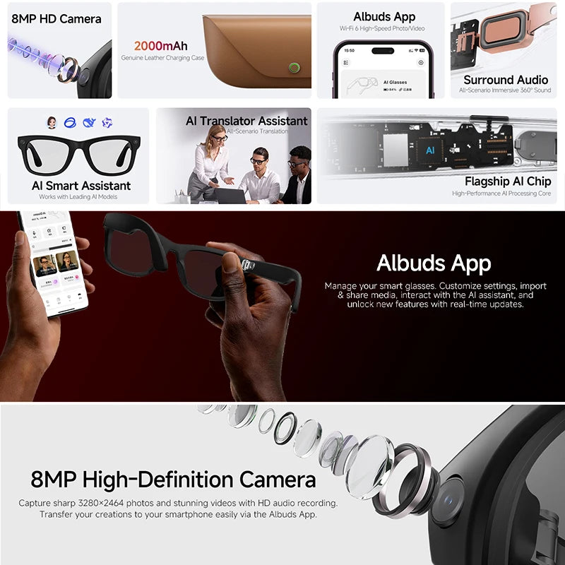 2026 New AI Smart Glasses 8MP HD Camera AI Translator Surround Sound Audio Smart Assistant 2000mAh Charging Case Smart Eyewear