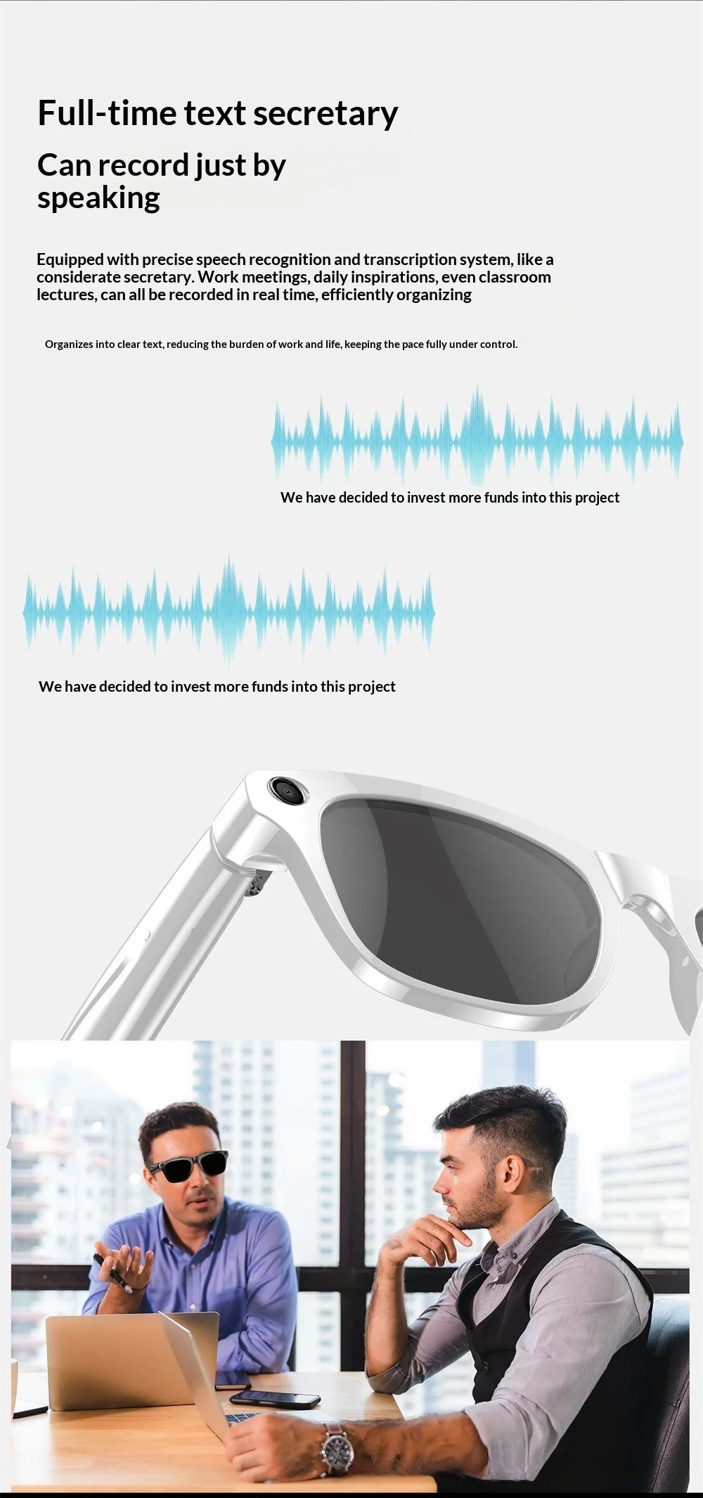 AI Smart Glasses with Camera - AI Recognition Translation Voice Recording, Bluetooth Music Call, 1080P Video, 260mAh Battery