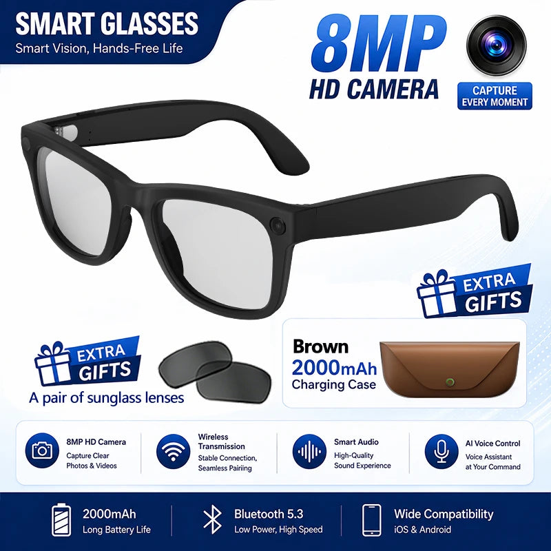 2026 New AI Smart Glasses 8MP HD Camera AI Translator Surround Sound Audio Smart Assistant 2000mAh Charging Case Smart Eyewear