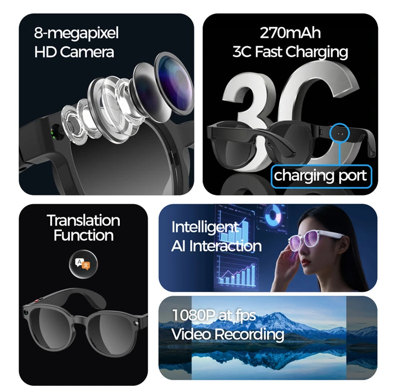 2026 AIMB-S1 AI Smart Glasses AI Translation Conversation Recording 8MP HD Debounce Camera 4K Shooting Enjoy Music Smart Glasses