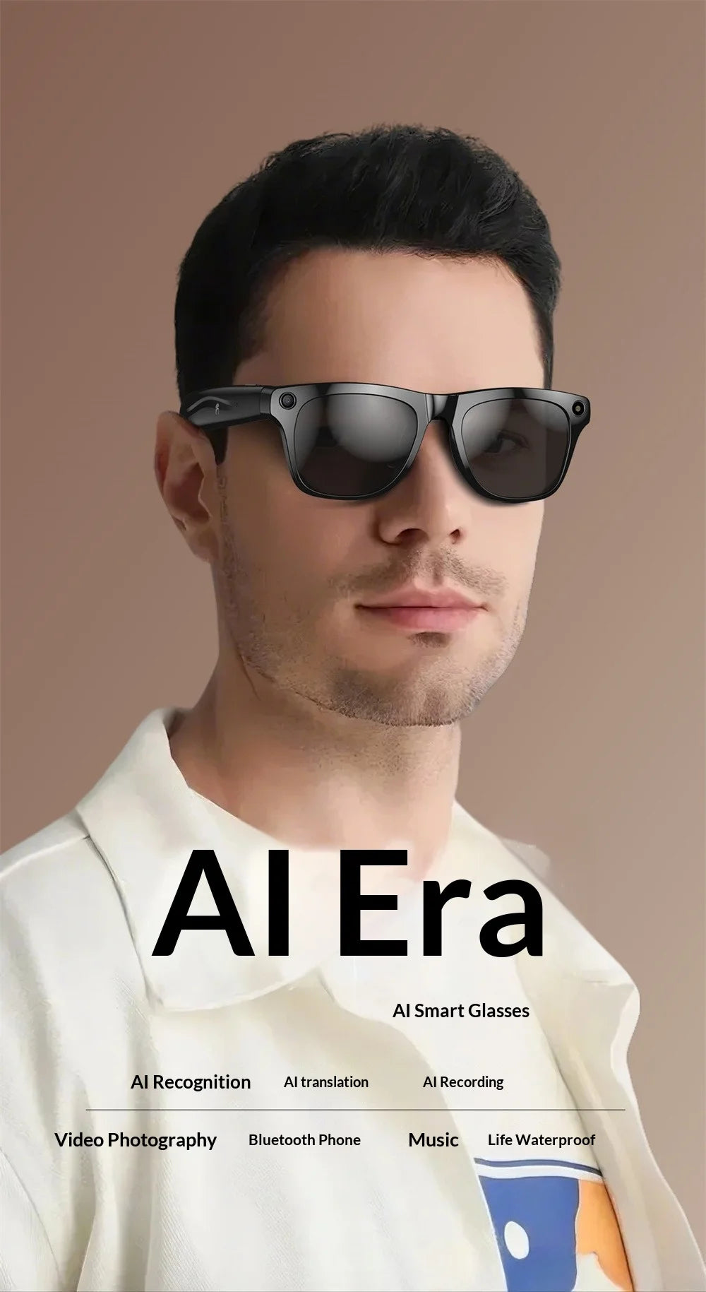 AI Smart Glasses with Camera - AI Recognition Translation Voice Recording, Bluetooth Music Call, 1080P Video, 260mAh Battery