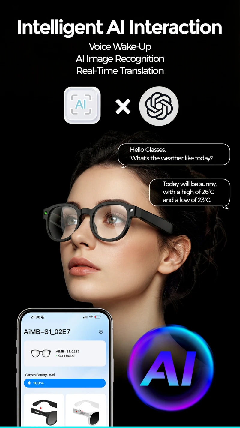 2026 AIMB-S1 AI Smart Glasses AI Translation Conversation Recording 8MP HD Debounce Camera 4K Shooting Enjoy Music Smart Glasses