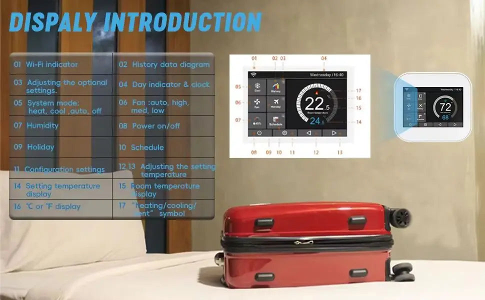 Smart Home & Hotel Color Screen Touch Thermostat with Wi-Fi App Control for Air Conditioning Floor Heating Temperature Control