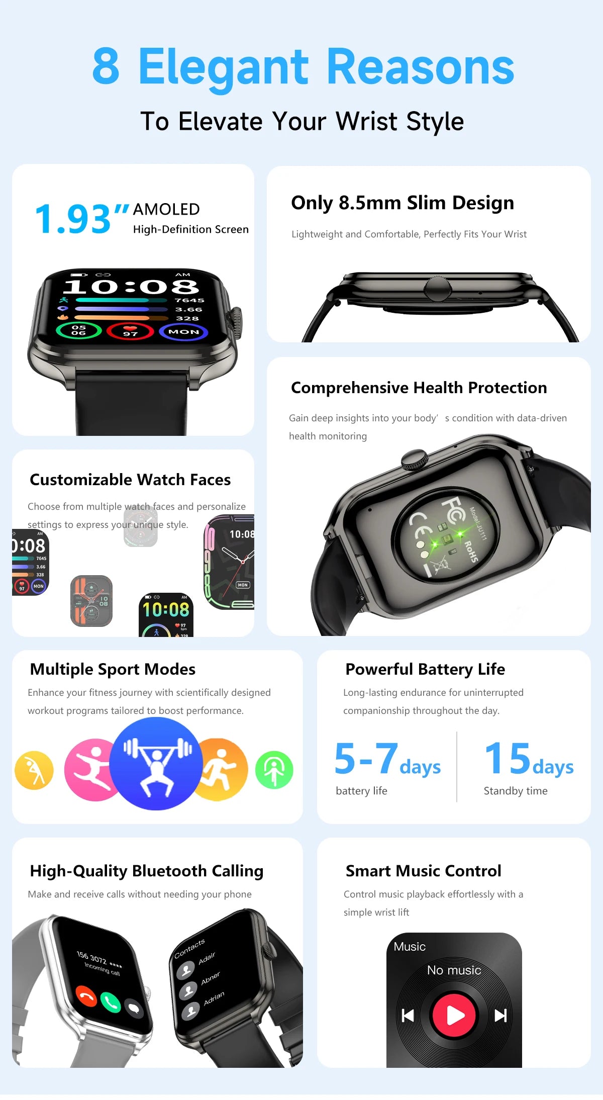 2026 Ultra-Thin Smartwatch, 1.93-Inch AMOLED High-Definition Display, Wireless Calling, Fitness Tracker, Men's and Women's Smart