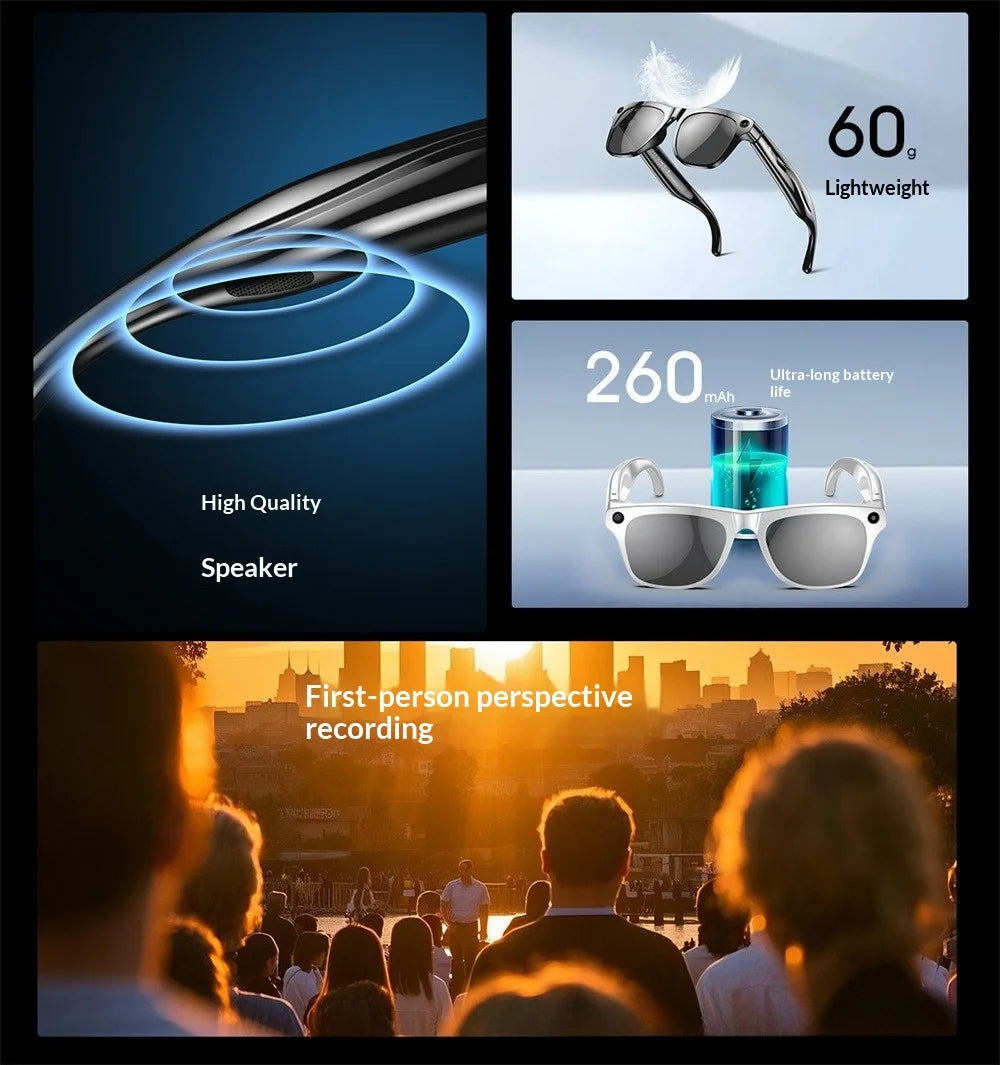 AI Smart Glasses with Camera - AI Recognition Translation Voice Recording, Bluetooth Music Call, 1080P Video, 260mAh Battery