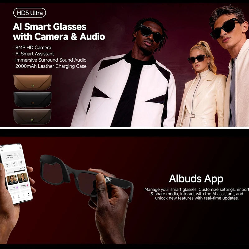 2026 New AI Smart Glasses 8MP HD Camera AI Translator Surround Sound Audio Smart Assistant 2000mAh Charging Case Smart Eyewear
