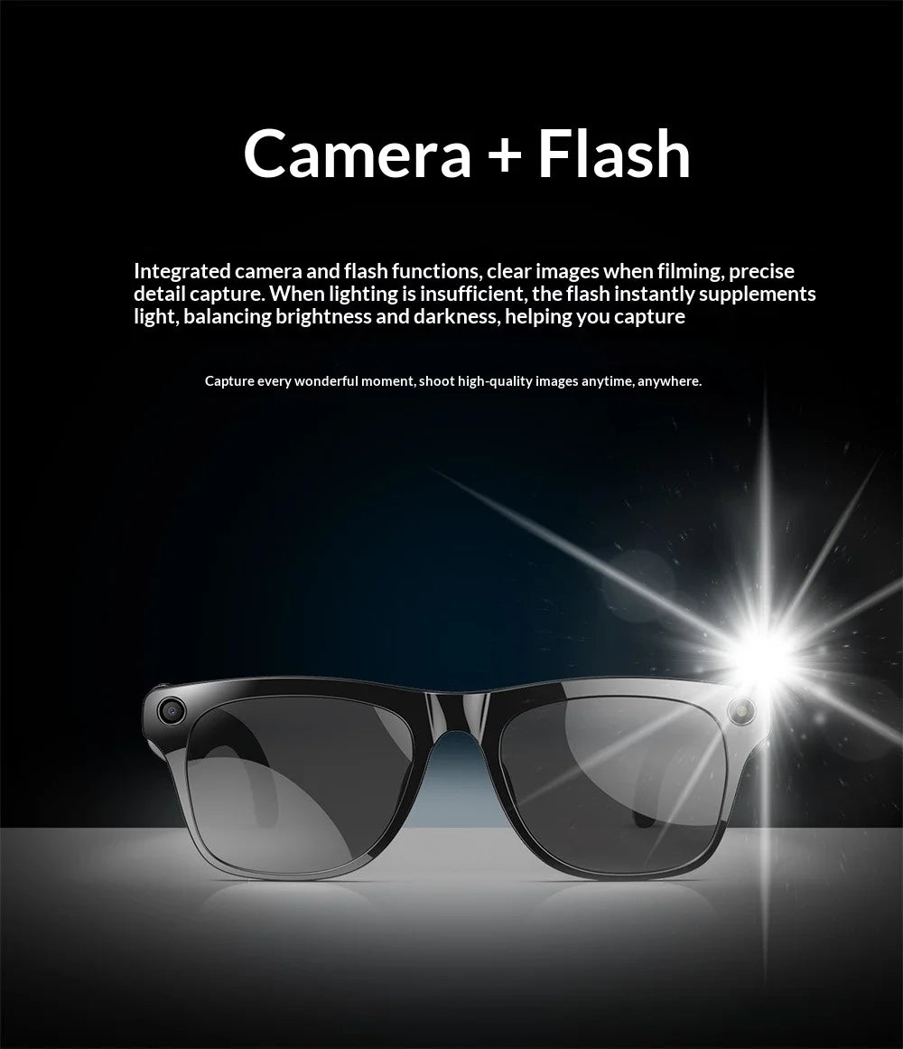 AI Smart Glasses with Camera - AI Recognition Translation Voice Recording, Bluetooth Music Call, 1080P Video, 260mAh Battery