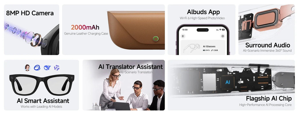 2026 New AI Smart Glasses 8MP HD Camera AI Translator Surround Sound Audio Smart Assistant 2000mAh Charging Case Smart Eyewear