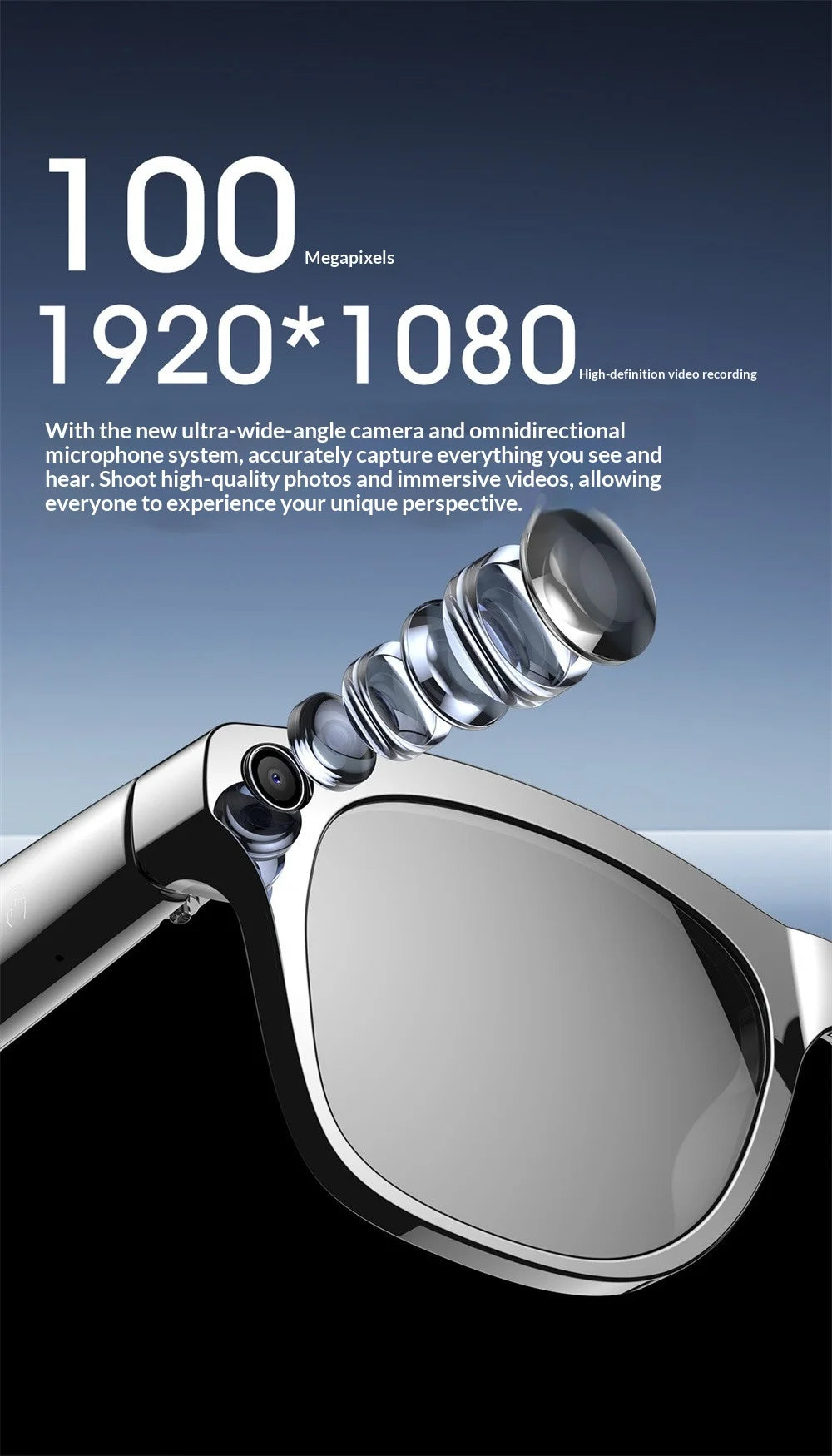 AI Smart Glasses with Camera - AI Recognition Translation Voice Recording, Bluetooth Music Call, 1080P Video, 260mAh Battery