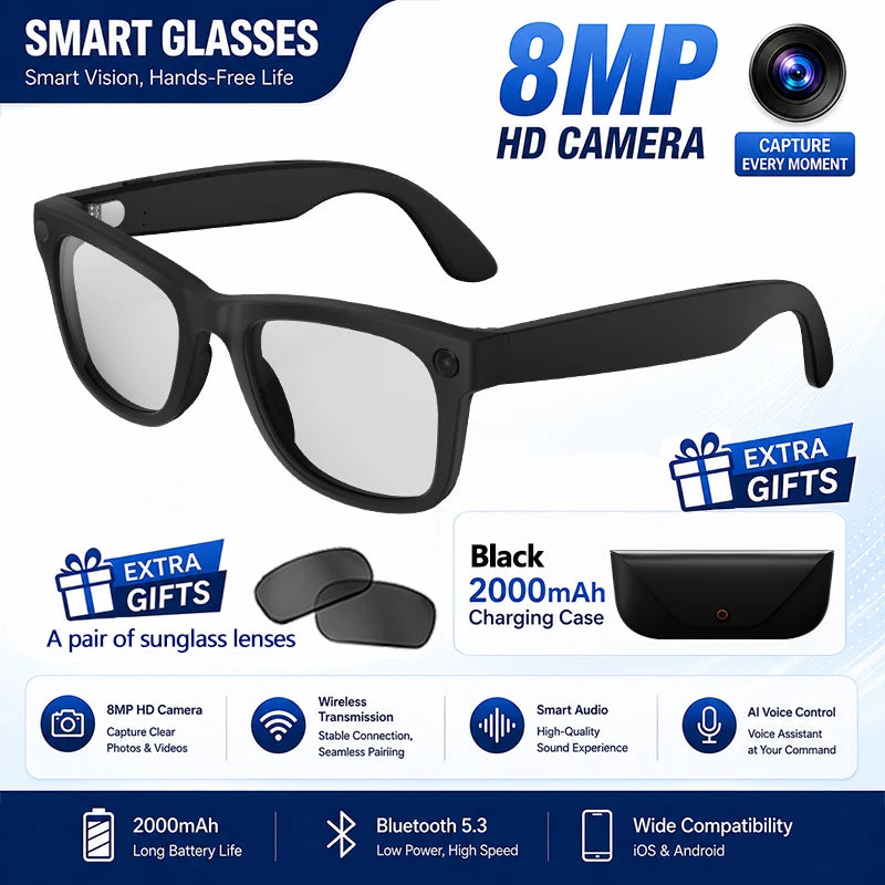 2026 New AI Smart Glasses 8MP HD Camera AI Translator Surround Sound Audio Smart Assistant 2000mAh Charging Case Smart Eyewear